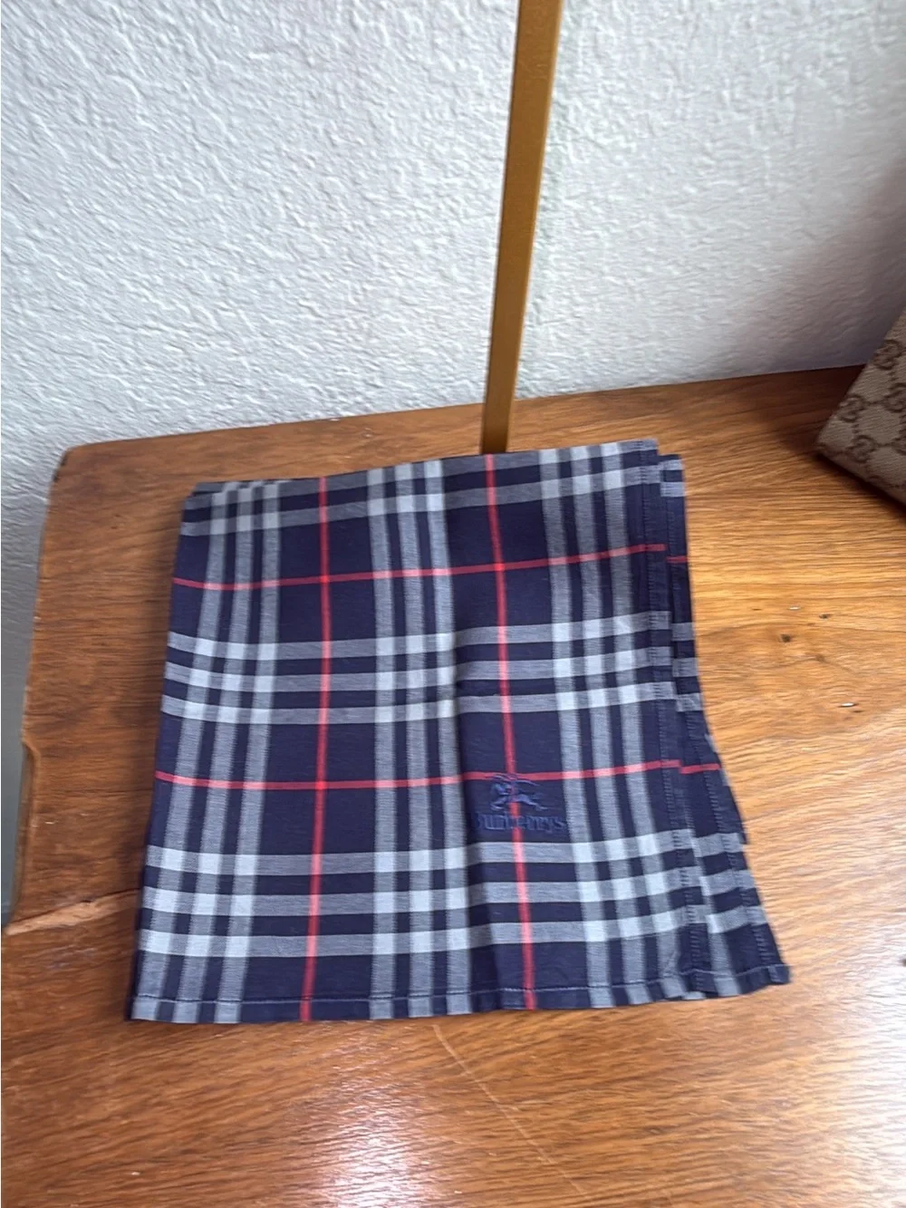 Burberrys Navy and Red Plaid Cotton Handkerchief